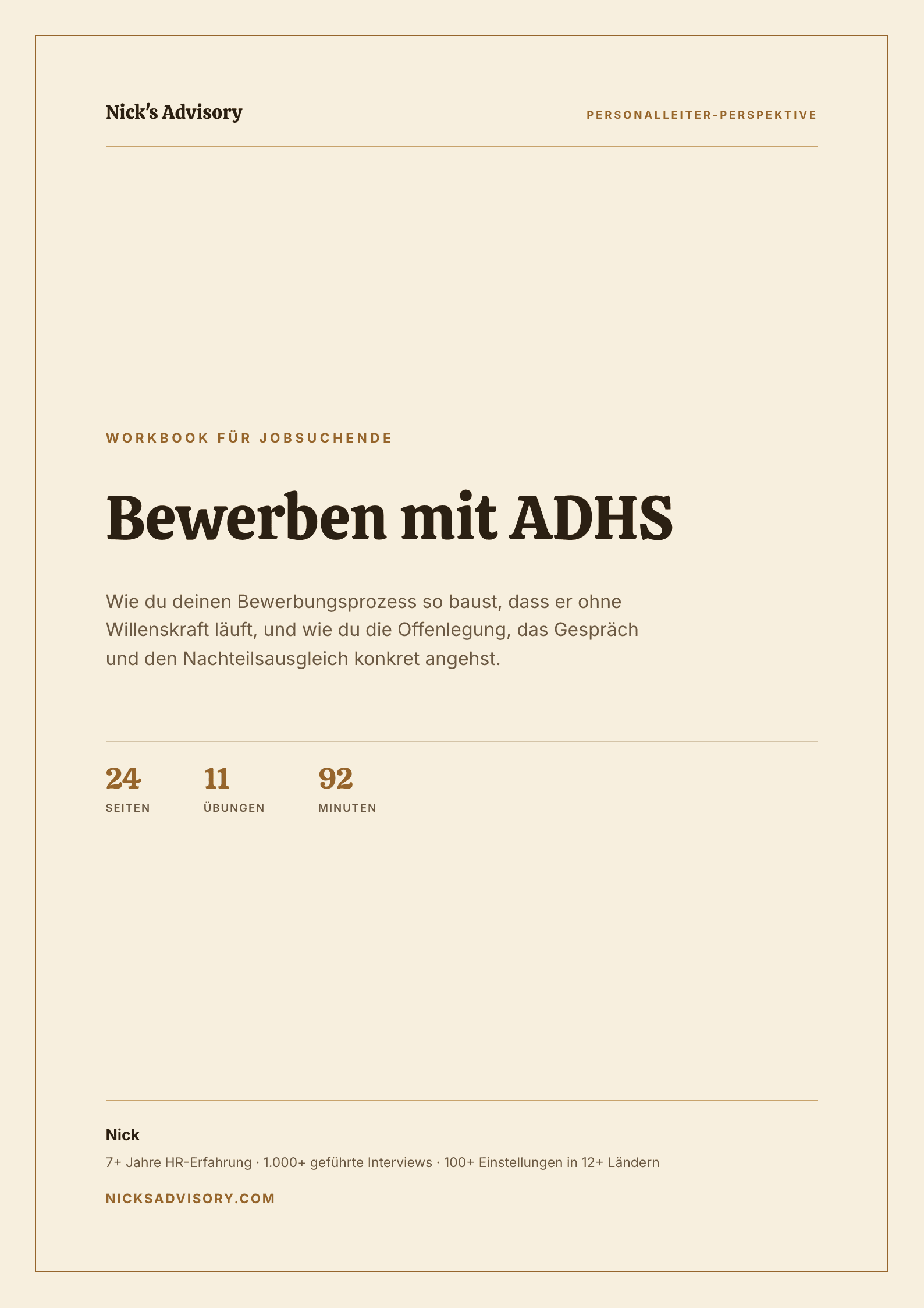 Titelseite des Karriere-Guides „Bewerben mit ADHS“ von Nick's Advisory