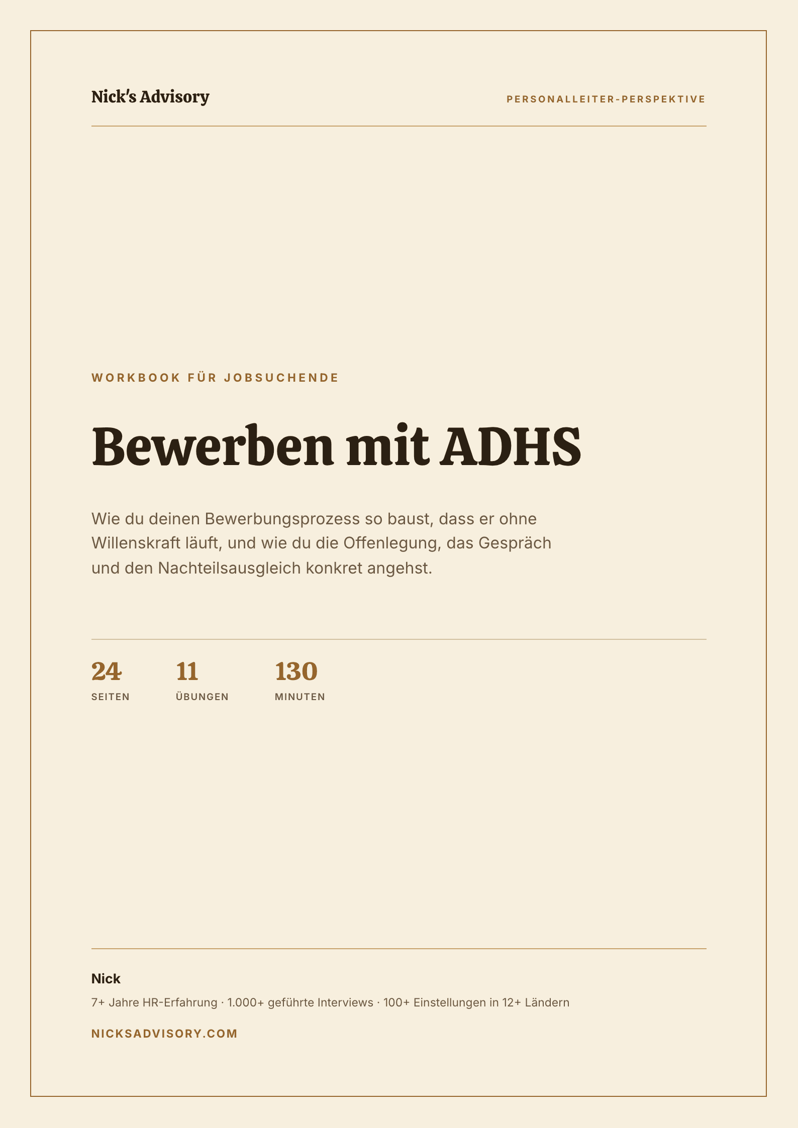 Titelseite des Karriere-Guides „Bewerben mit ADHS“ von Nick's Advisory
