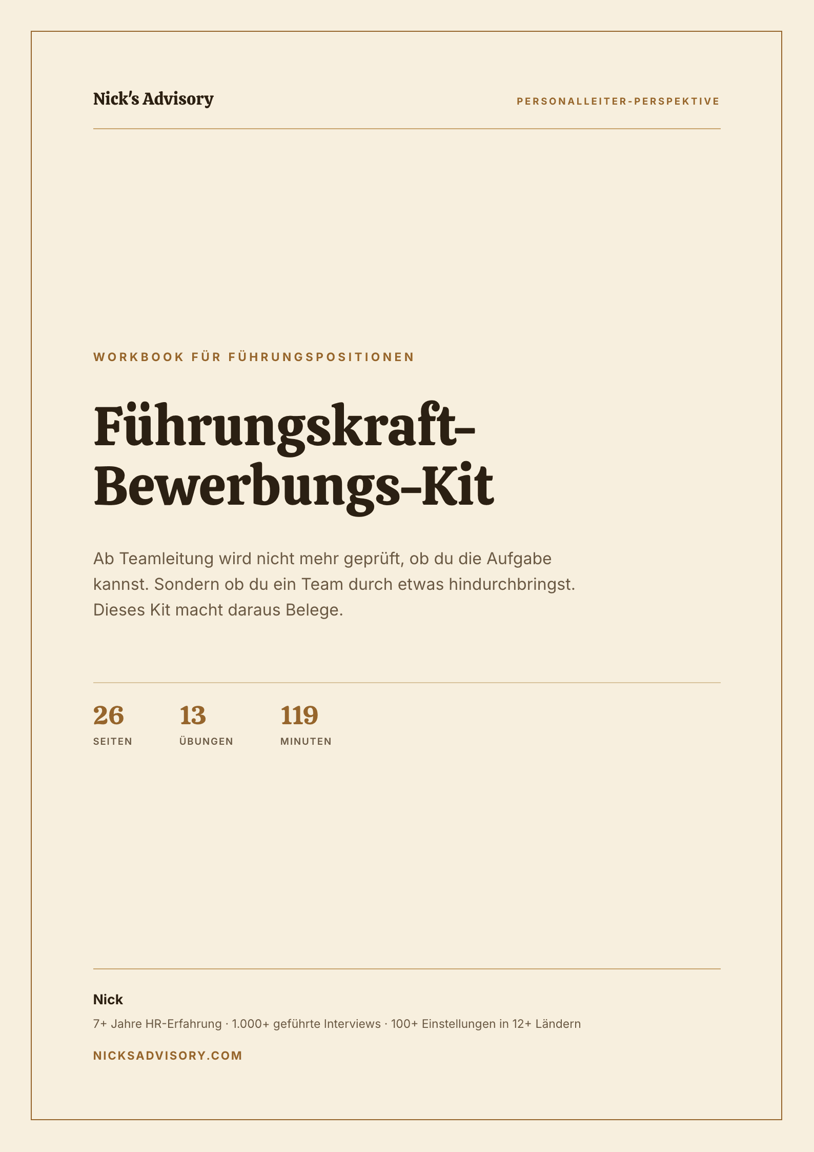 Titelseite des Karriere-Guides „Führungskraft-Bewerbungs-Kit“ von Nick's Advisory