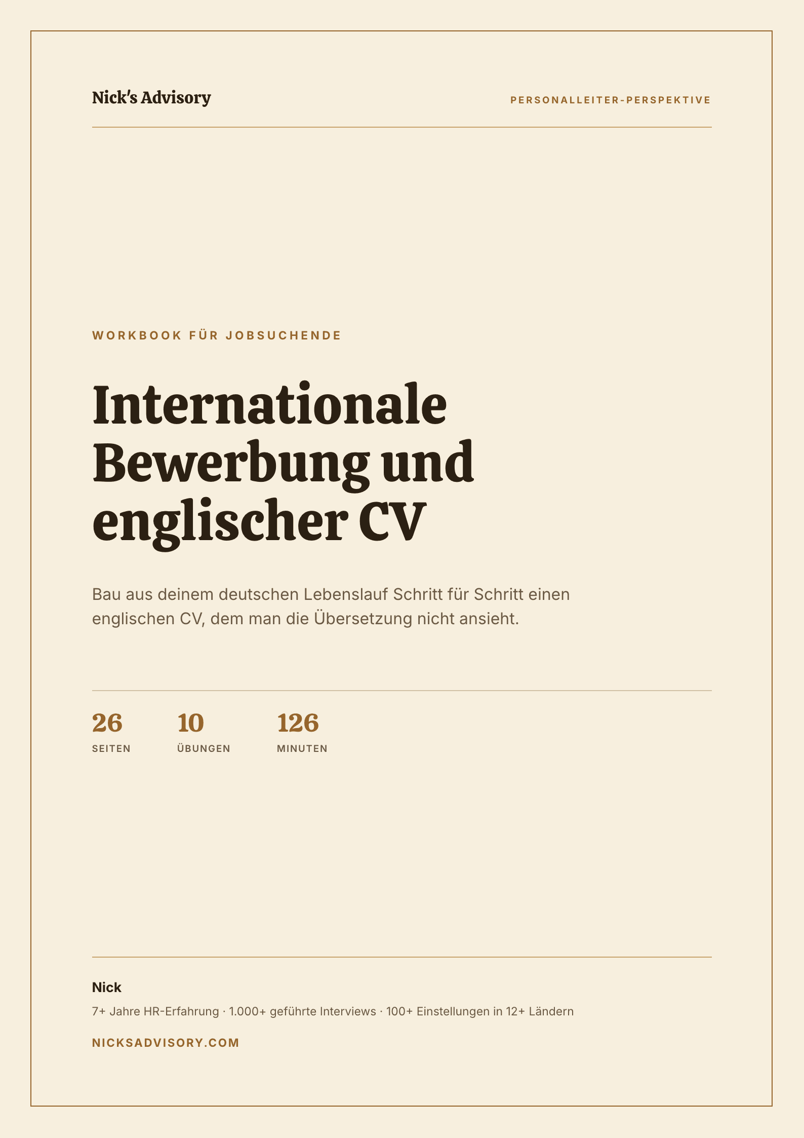 Titelseite des Karriere-Guides „Internationale Bewerbung“ von Nick's Advisory