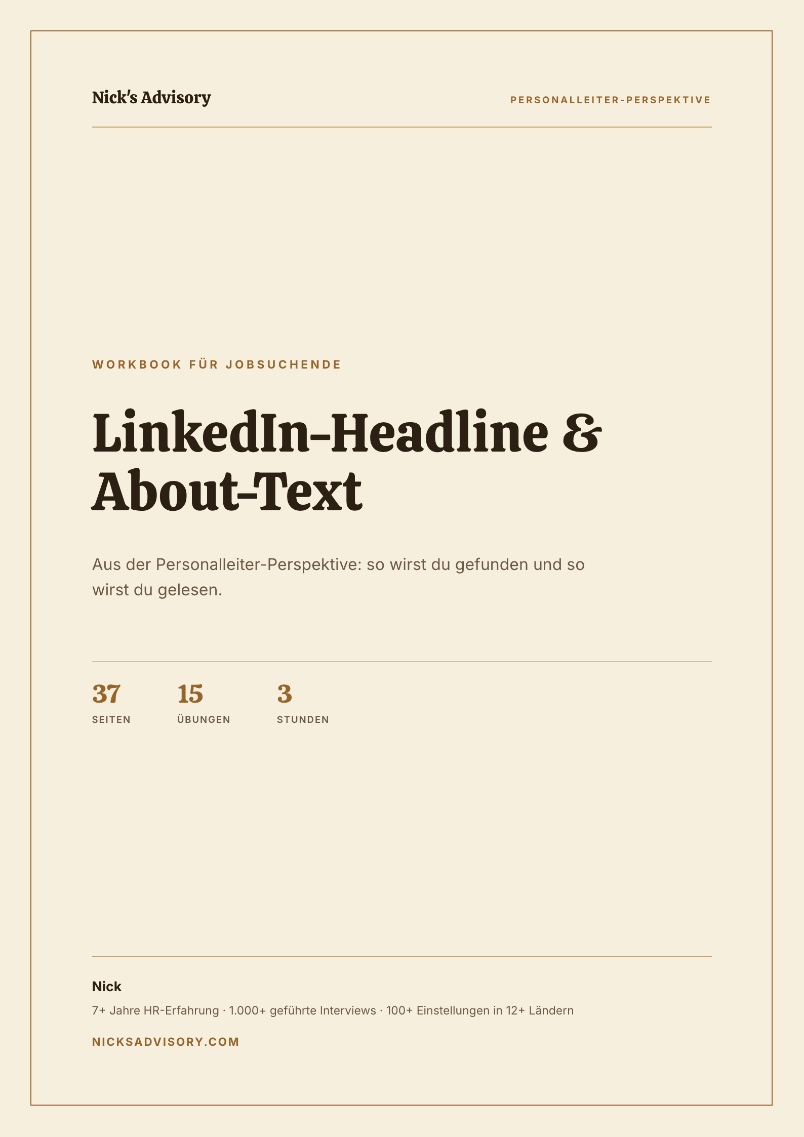 Titelseite des Karriere-Guides „LinkedIn-Headline & About“ von Nick's Advisory