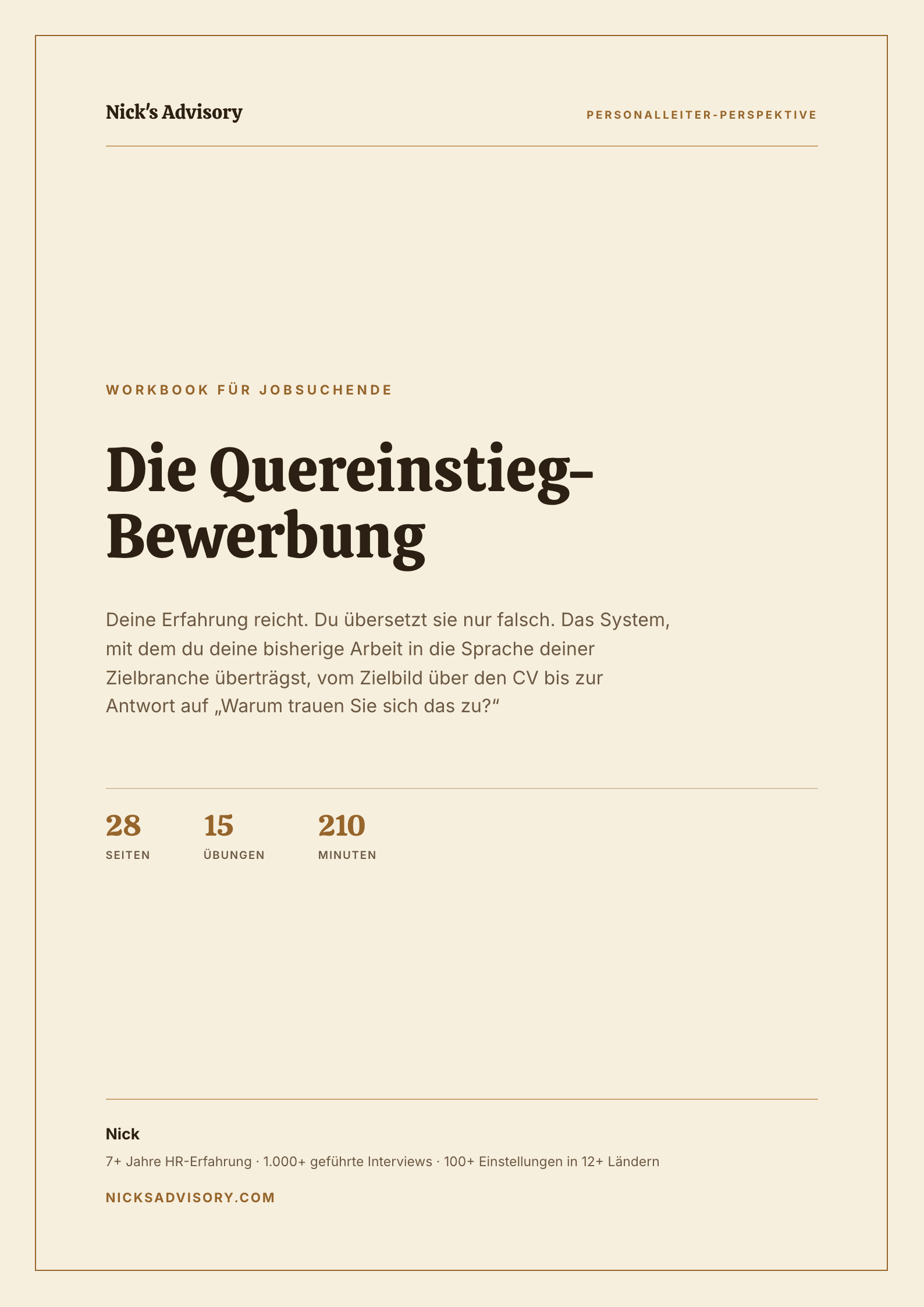 Titelseite des Karriere-Guides „Die Quereinstieg-Bewerbung“ von Nick's Advisory