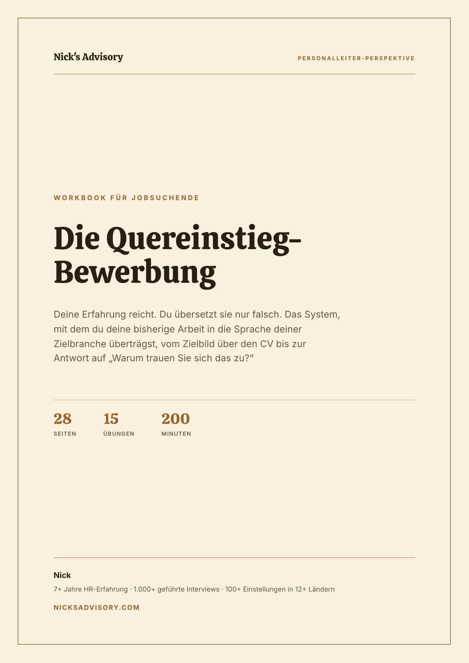 Titelseite des Karriere-Guides „Die Quereinstieg-Bewerbung“ von Nick's Advisory