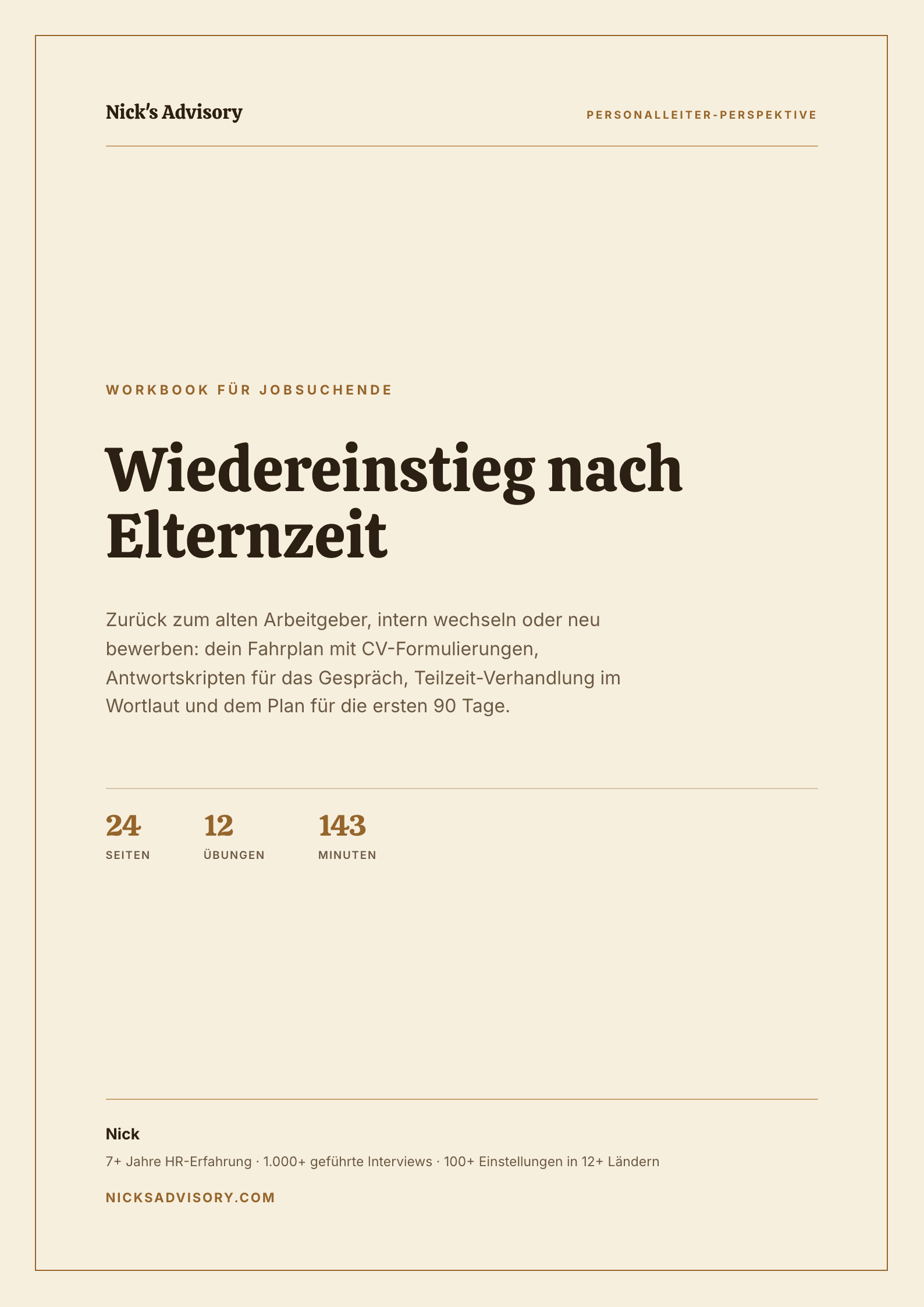 Titelseite des Karriere-Guides „Wiedereinstieg nach Elternzeit“ von Nick's Advisory