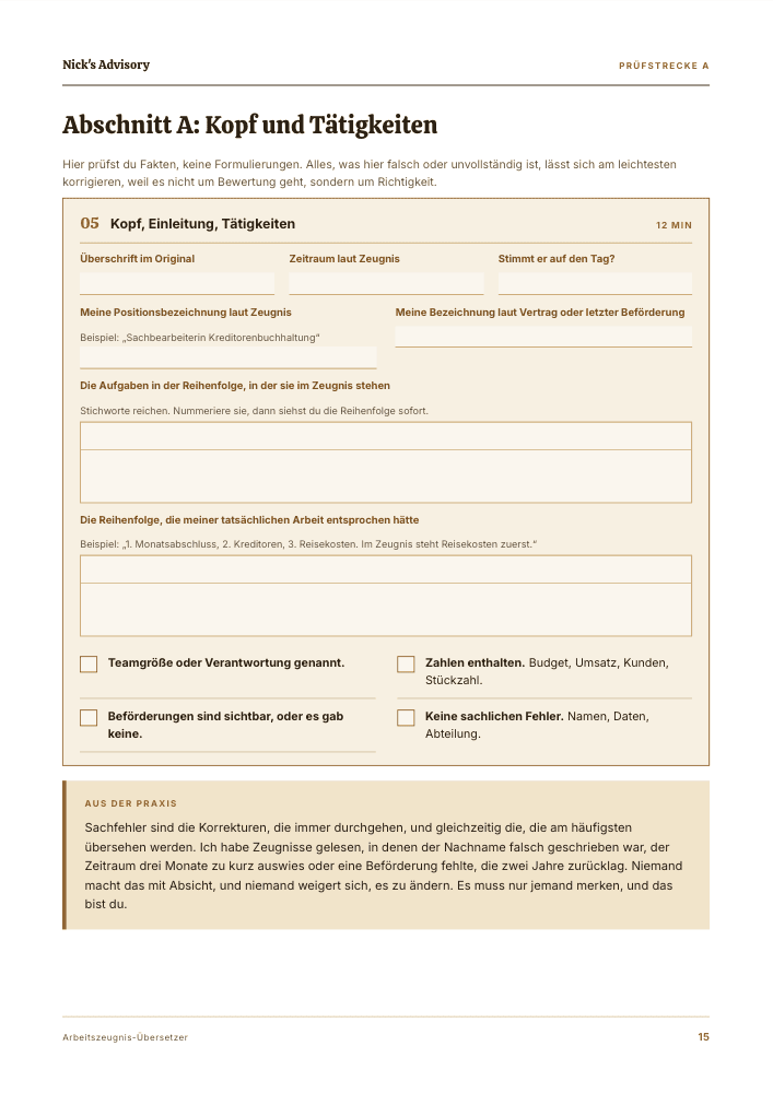 Guide-Seite „Abschnitt A: Kopf und Tätigkeiten“: Ausfüllstrecke für Überschrift, Zeitraum, Positionsbezeichnung und die Reihenfolge deiner Aufgaben, mit vier Ankreuzfeldern für Teamgröße, Zahlen, Beförderungen und sachliche Fehler.