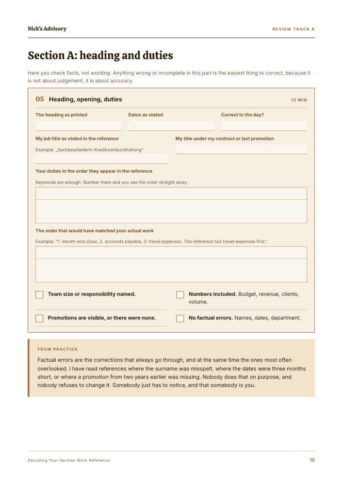 Guide page “Section A: header and duties”: a fill-in track for the title, period, job title and the order of your duties, with four tick boxes for team size, figures, promotions and factual errors.