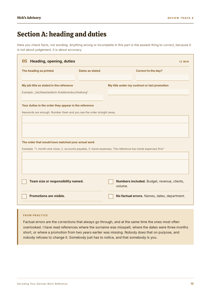 Guide page “Section A: header and duties”: a fill-in track for the title, period, job title and the order of your duties, with four tick boxes for team size, figures, promotions and factual errors.