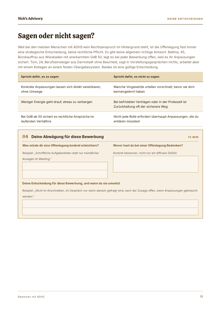 Guide-Seite „Sagen oder nicht sagen?“: zweispaltige Tabelle mit Argumenten für und gegen eine Offenlegung, zwei Beispielfälle mit und ohne GdB-Bescheid, dazu Ausfüllfelder für deine Abwägung und deine Entscheidung für diese Bewerbung.