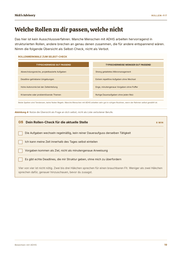 Guide-Seite „Welche Rollen zu dir passen, welche nicht“: zwei Spalten mit Rollenmerkmalen, die erfahrungsgemäß gut oder weniger gut passen, darunter ein Rollen-Check mit vier Punkten zum Ankreuzen für die aktuelle Stelle.