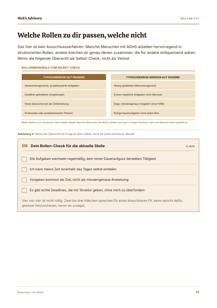 Guide-Seite „Welche Rollen zu dir passen, welche nicht“: zwei Spalten mit Rollenmerkmalen, die erfahrungsgemäß gut oder weniger gut passen, darunter ein Rollen-Check mit vier Punkten zum Ankreuzen für die aktuelle Stelle.