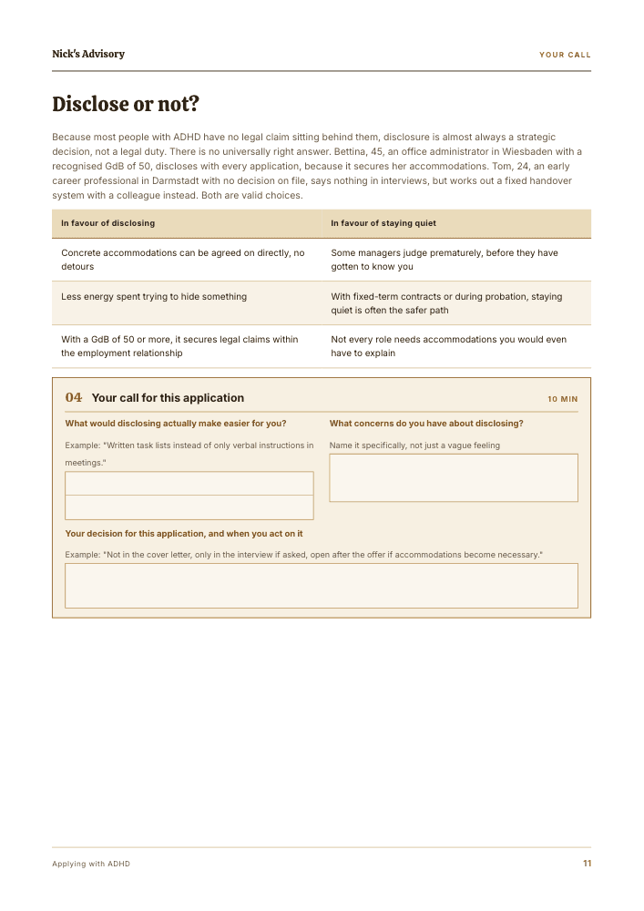 Guide page “Say it or not?”: a two-column table with arguments for and against disclosure, two example cases with and without a German disability determination, plus fill-in fields for your own weighing and your decision for this application.