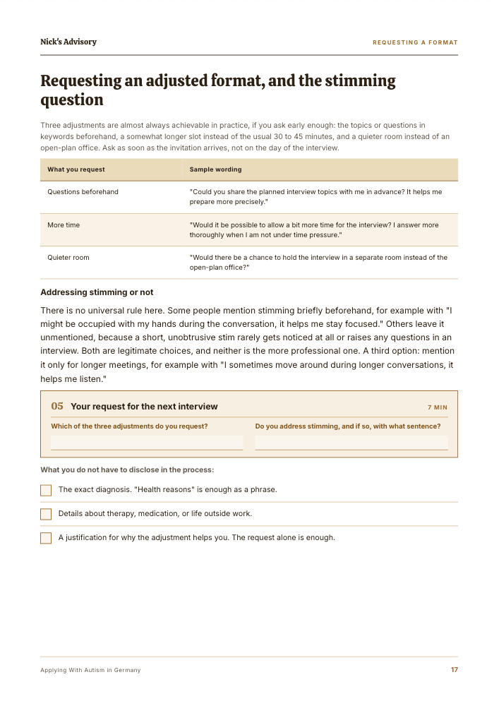 Guide page “Requesting an adjusted format, and the stimming question”: a table of three accommodations with sample wording, a fill-in field for your own request, and a checklist of details you do not have to share.