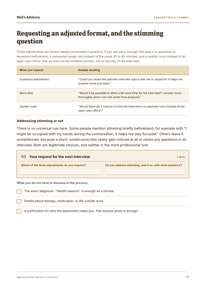 Guide page “Requesting an adjusted format, and the stimming question”: a table of three accommodations with sample wording, a fill-in field for your own request, and a checklist of details you do not have to share.