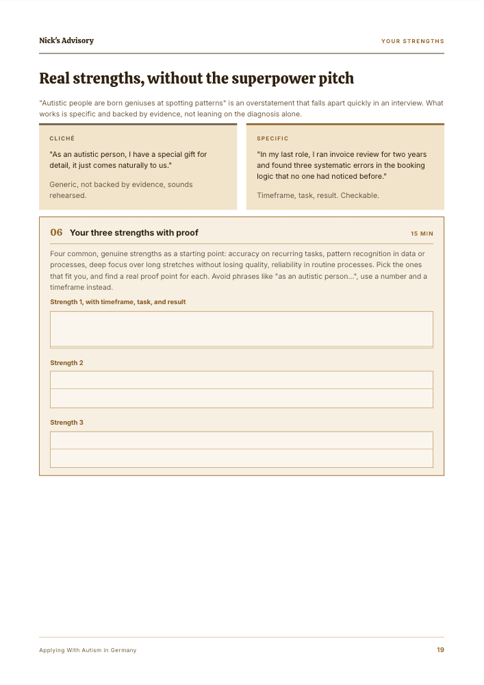 Guide page “Real strengths without the superpower act”: a cliché sentence set against a documented example, followed by fill-in fields for three of your own strengths with timeframe, task and result.