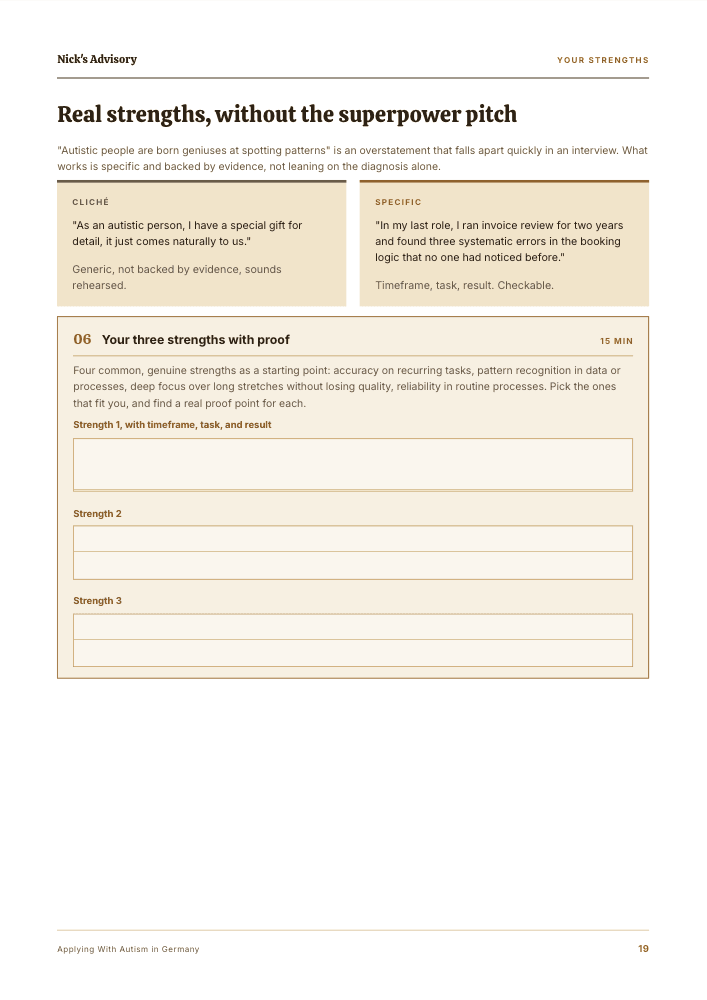 Guide page “Real strengths without the superpower act”: a cliché sentence set against a documented example, followed by fill-in fields for three of your own strengths with timeframe, task and result.
