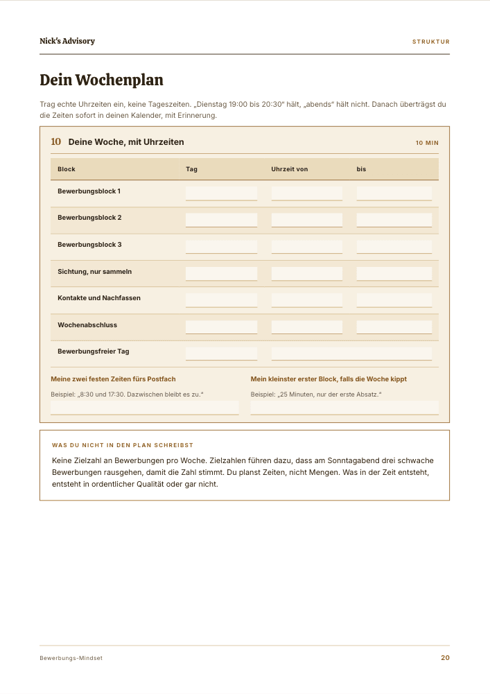Guide-Seite „Dein Wochenplan“: Tabelle, in die du Tag und Uhrzeit für drei Bewerbungsblöcke, Sichtung, Nachfassen, Wochenabschluss und einen bewerbungsfreien Tag einträgst.