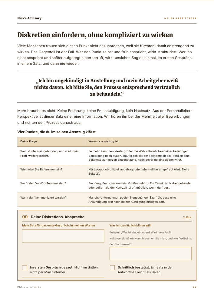 Guide-Seite „Diskretion einfordern, ohne kompliziert zu wirken“: ein Mustersatz fürs erste Gespräch, eine Tabelle mit vier Fragen an den neuen Arbeitgeber und ein Ausfüllfeld für deine eigene Diskretions-Absprache.
