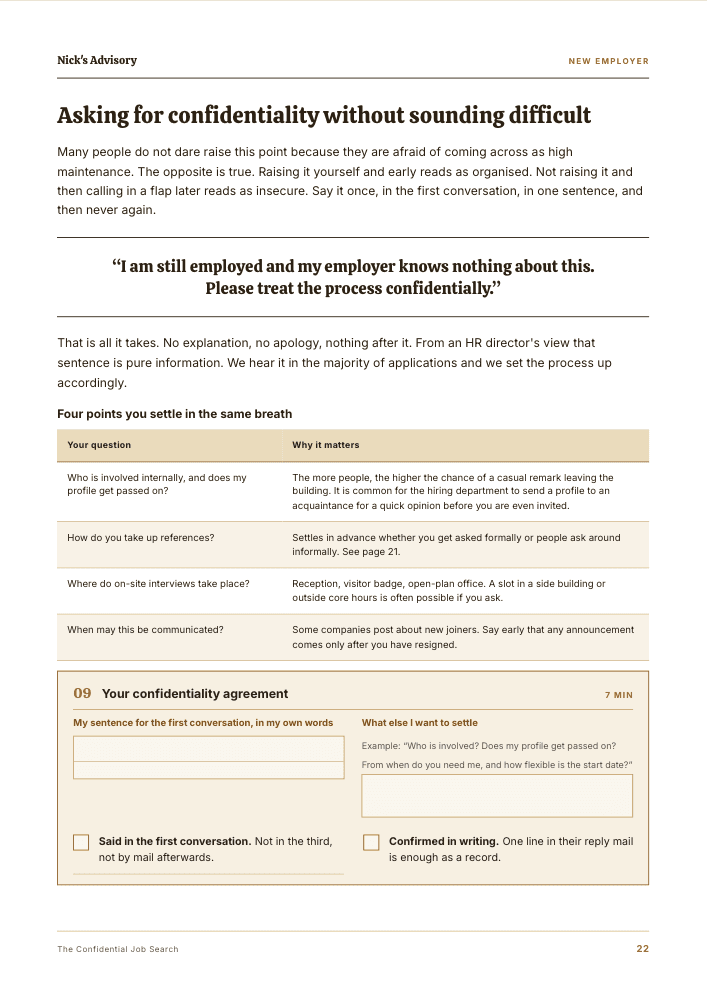 Guide page “Asking for confidentiality without sounding difficult”: a sample sentence for the first conversation, a table of four questions to ask the new employer, and a fill-in field for your own confidentiality arrangement.