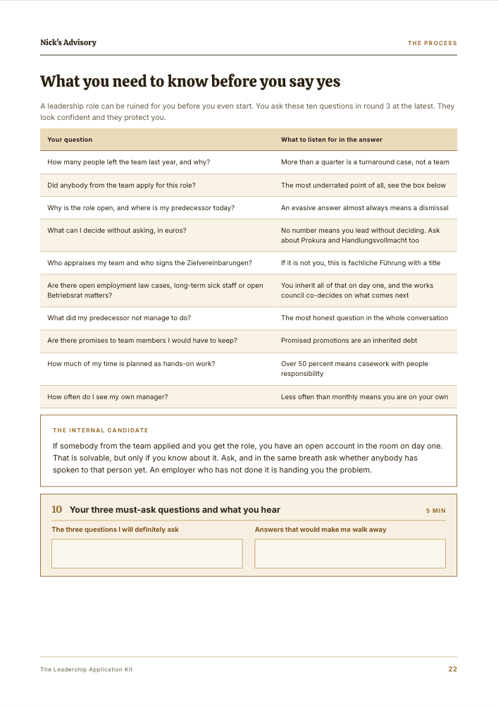 Guide page “What you need to know about the team before you accept”: ten questions for the employer with a column on what to watch for in the answer, plus fillable fields for your three must-ask questions.