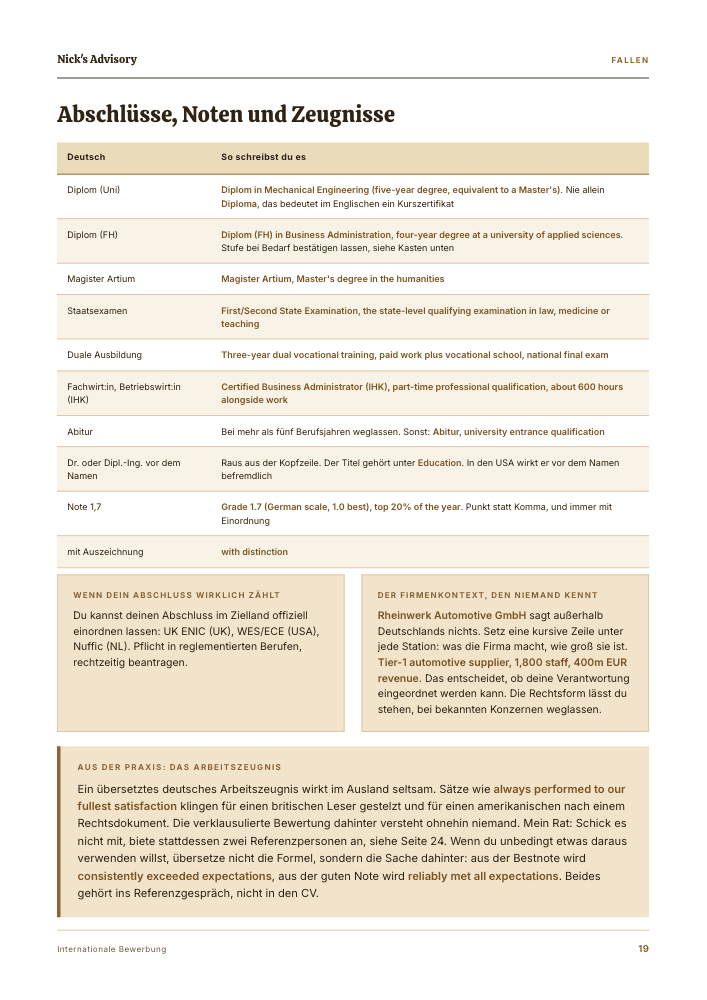 Guide-Seite „Abschlüsse, Noten und Zeugnisse“: Übersetzungstabelle von Diplom, Magister Artium, Staatsexamen und Notenangaben ins Englische, dazu ein Kasten zum Umgang mit dem deutschen Arbeitszeugnis.