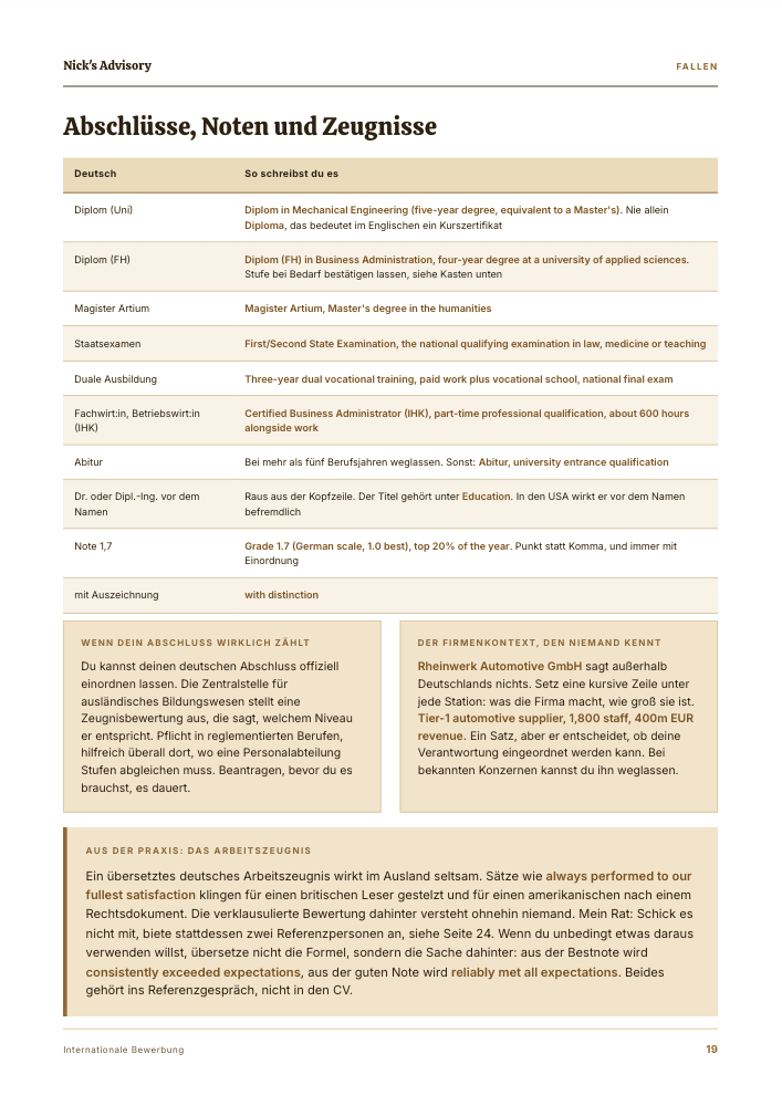 Guide-Seite „Abschlüsse, Noten und Zeugnisse“: Übersetzungstabelle von Diplom, Magister Artium, Staatsexamen und Notenangaben ins Englische, dazu ein Kasten zum Umgang mit dem deutschen Arbeitszeugnis.