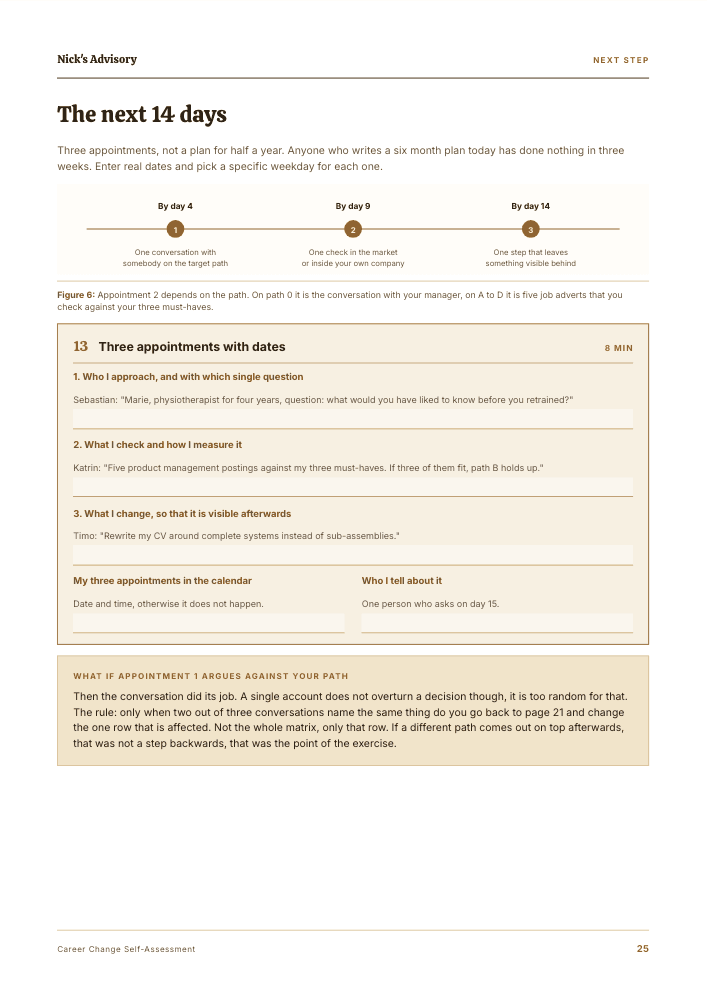 Guide page “The next 14 days”: a timeline with three appointments by day 4, day 9 and day 14, followed by fields for the person you approach, what you check and what you change.