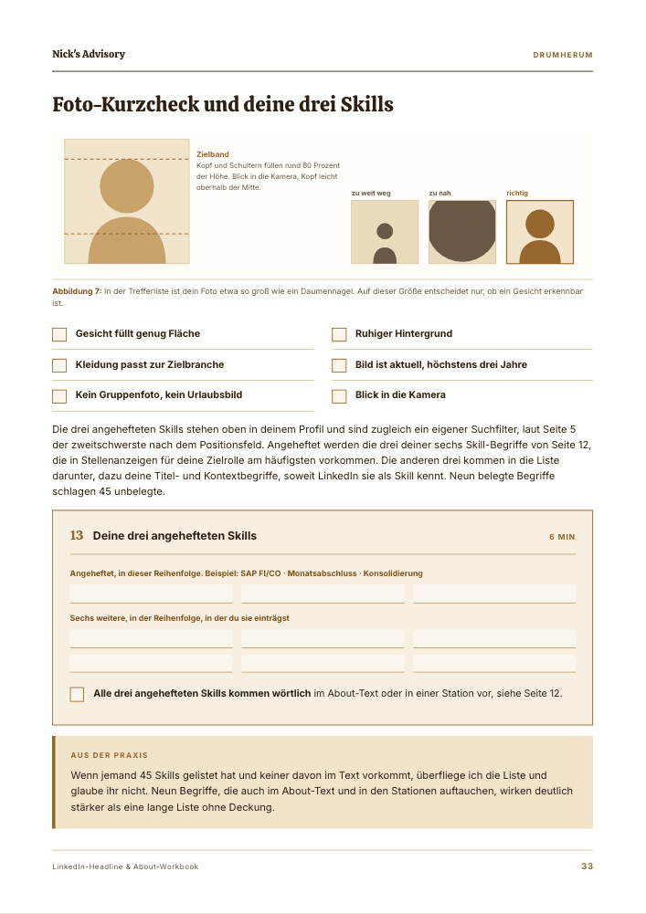 Guide-Seite „Foto-Kurzcheck und deine drei Skills“: Prüfliste für das Profilfoto mit Zielband für den Bildausschnitt und Felder für die drei angehefteten Skills.