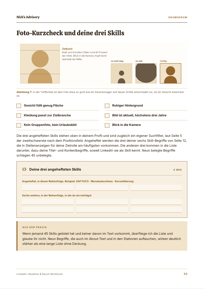Guide-Seite „Foto-Kurzcheck und deine drei Skills“: Prüfliste für das Profilfoto mit Zielband für den Bildausschnitt und Felder für die drei angehefteten Skills.