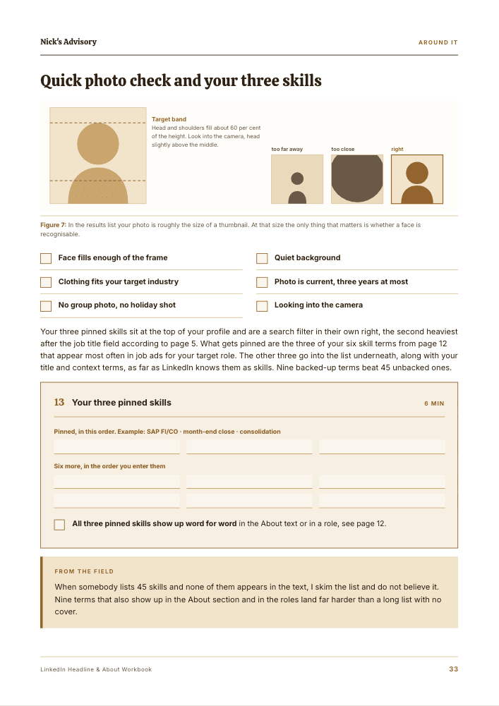 Guide page “Photo check and your three skills”: a checklist for your profile photo with the target crop, and fields for the three skills you pin to your profile.