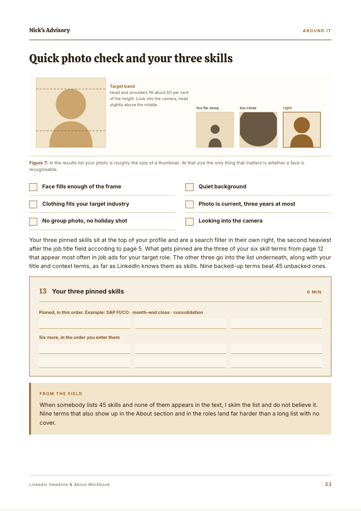 Guide page “Photo check and your three skills”: a checklist for your profile photo with the target crop, and fields for the three skills you pin to your profile.