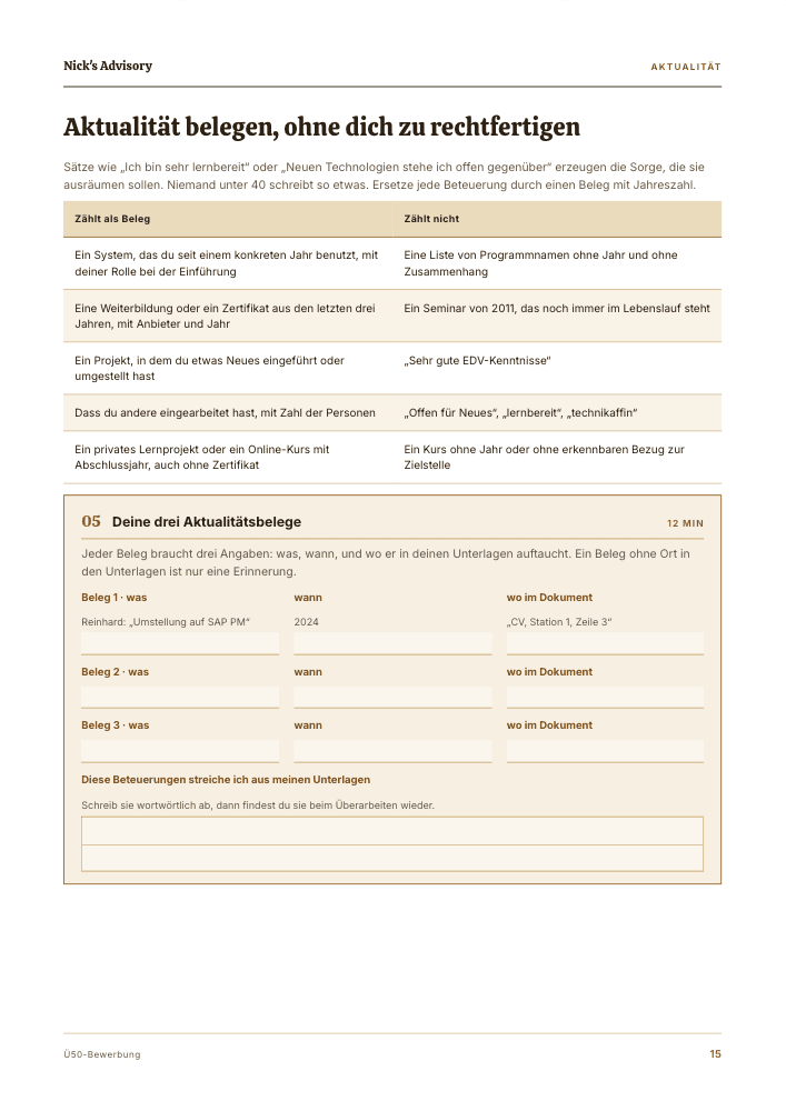 Guide-Seite „Aktualität belegen, ohne dich zu rechtfertigen“: Gegenüberstellung von Belegen, die zählen, und Formulierungen, die nicht zählen, dazu Ausfüllfelder für drei eigene Belege mit Jahr und Fundstelle im Dokument.