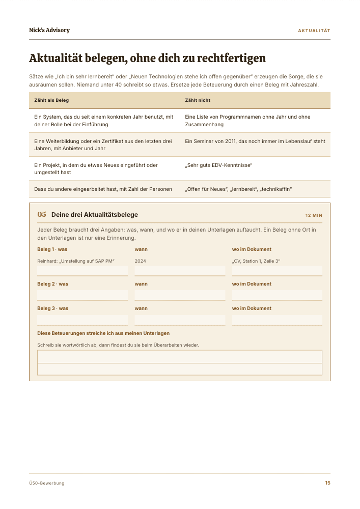 Guide-Seite „Aktualität belegen, ohne dich zu rechtfertigen“: Gegenüberstellung von Belegen, die zählen, und Formulierungen, die nicht zählen, dazu Ausfüllfelder für drei eigene Belege mit Jahr und Fundstelle im Dokument.