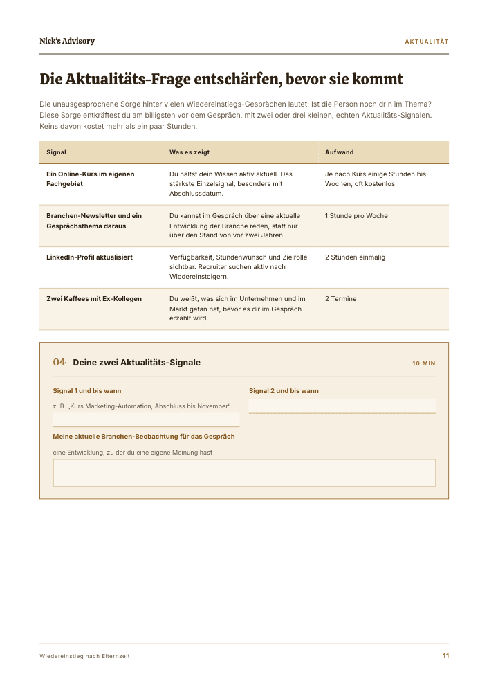 Guide-Seite „Die Aktualitäts-Frage entschärfen, bevor sie kommt“: Tabelle mit vier Signalen, was sie zeigen und wie viel Aufwand sie kosten, darunter Ausfüllfelder für zwei eigene Signale mit Frist und eine Branchen-Beobachtung.