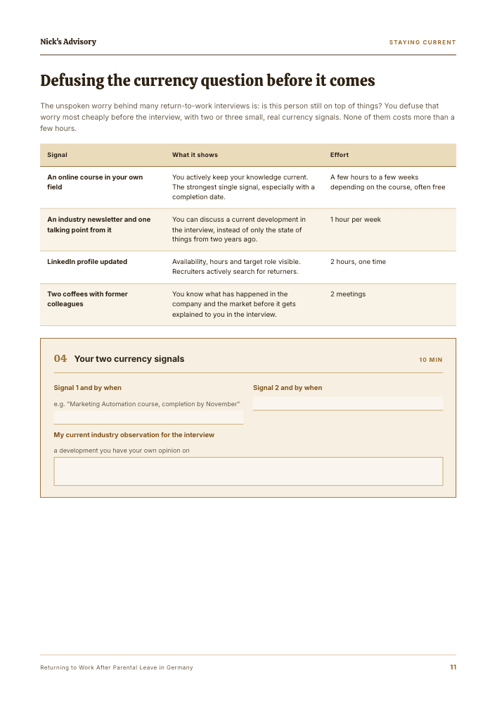 Guide page “Defusing the question about staying current”: table of four signals, what each one shows and how much effort it takes, plus fillable fields for two signals of your own with deadlines and one industry observation.